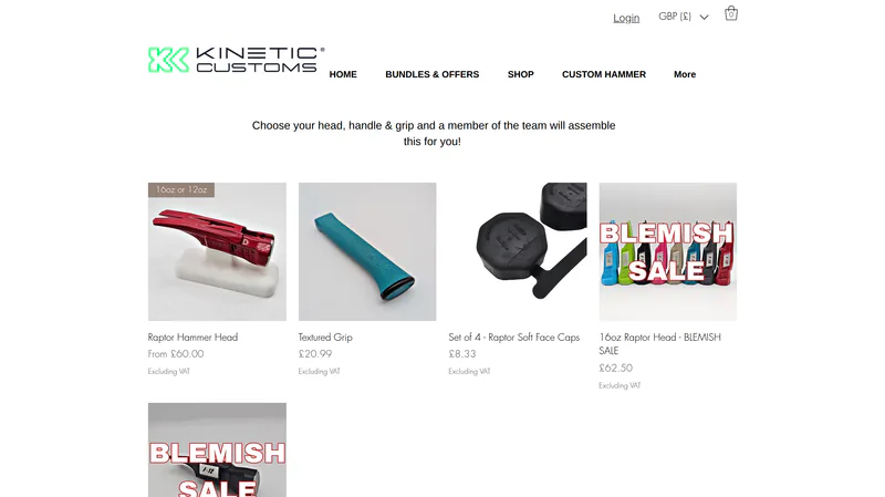 The Kinetic Customs build your own hammer page, showing heads, grips and caps as separate priced components