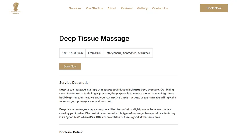 A Leme Personal Therapy treatment page showing duration, price, studio options and a book now button