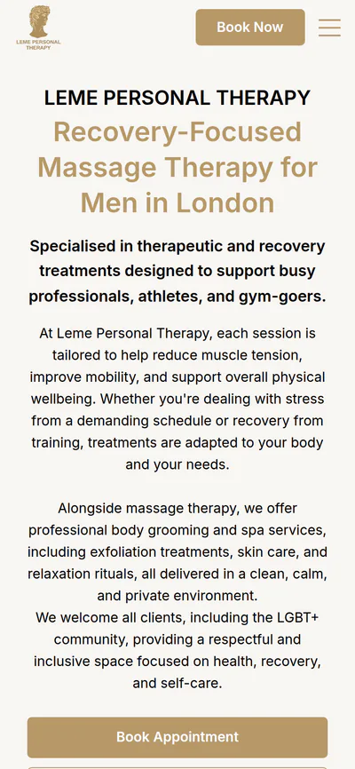 The Leme Personal Therapy homepage on a phone