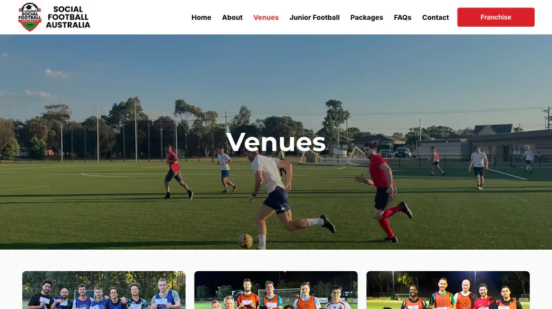 The Social Football Australia venues page listing grounds by state and location