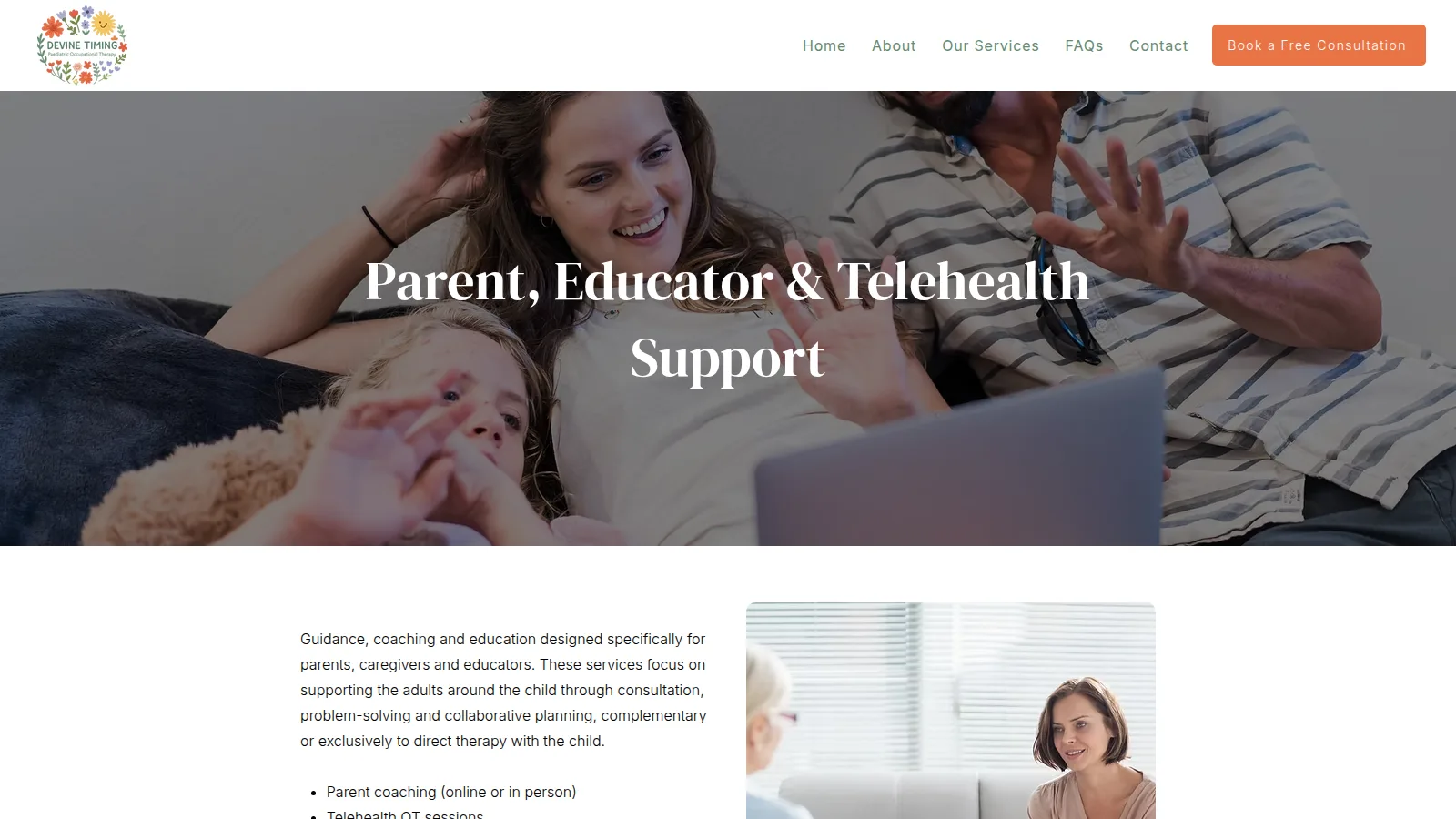 The Telehealth and Parent Coaching page, on the Devine Timing Occupational Therapy website designed and built by WebOws Design