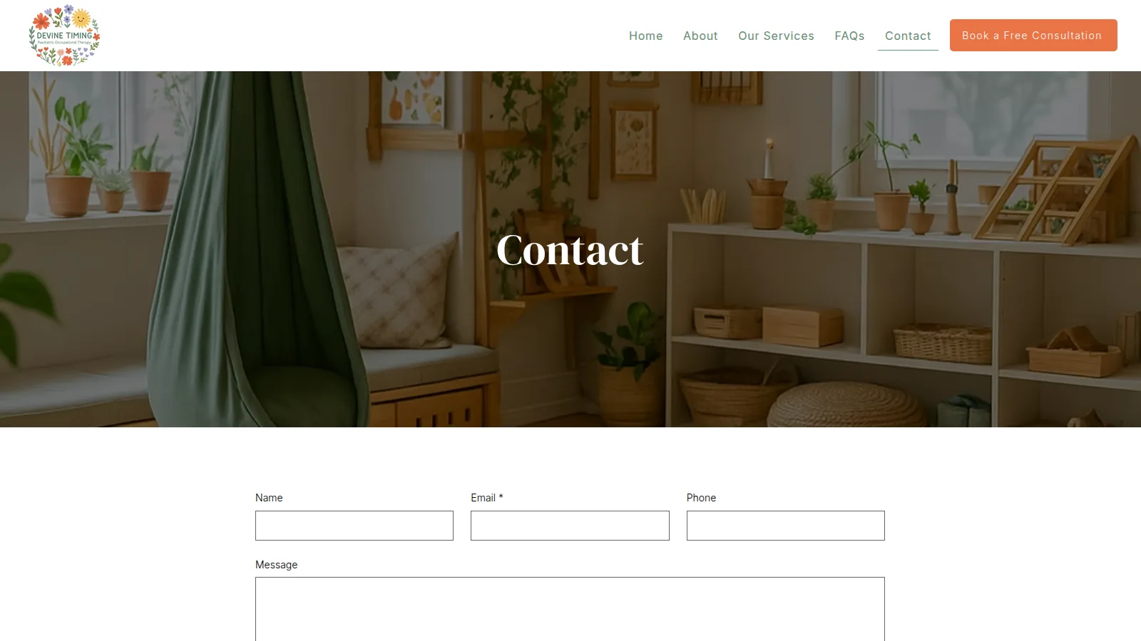 The Contact page and free consultation, on the Devine Timing Occupational Therapy website designed and built by WebOws Design