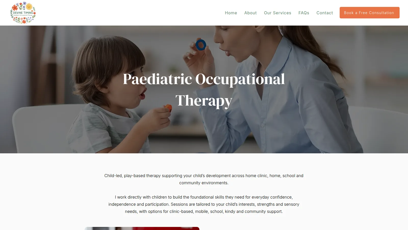 The Paediatric Occupational Therapy page, on the Devine Timing Occupational Therapy website designed and built by WebOws Design