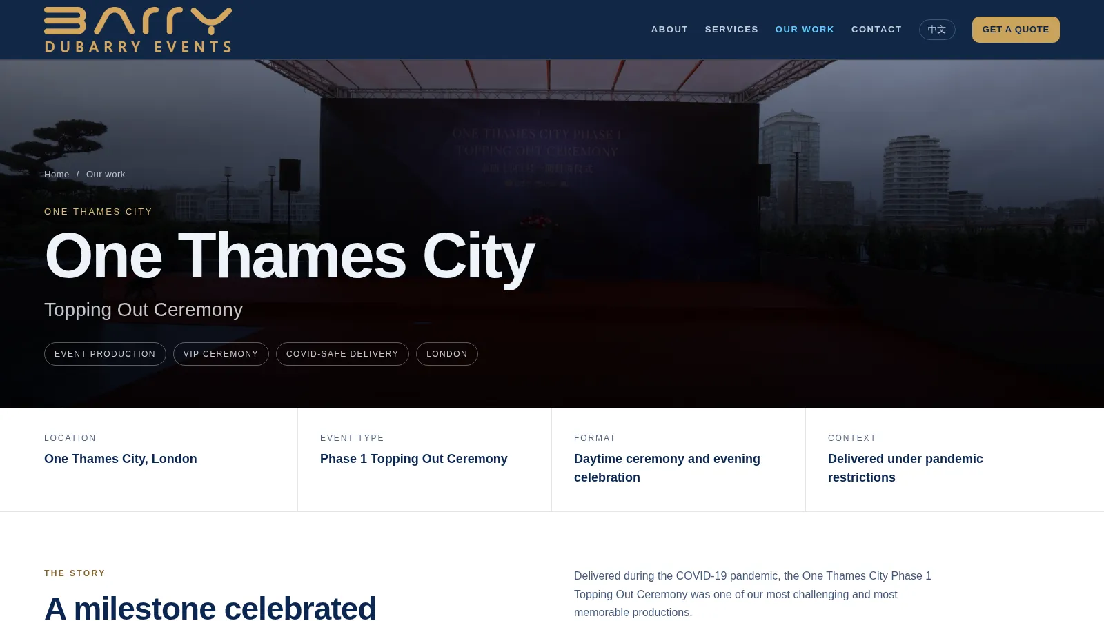 A case study: the One Thames City topping out ceremony, on the Dubarry Events website designed and built by WebOws Design