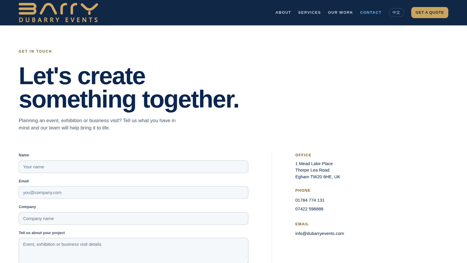 The Contact page, on the Dubarry Events website designed and built by WebOws Design