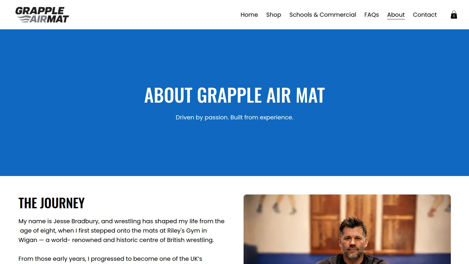 The About page and founder's story, on the Grapple Air Mat website designed and built by WebOws Design
