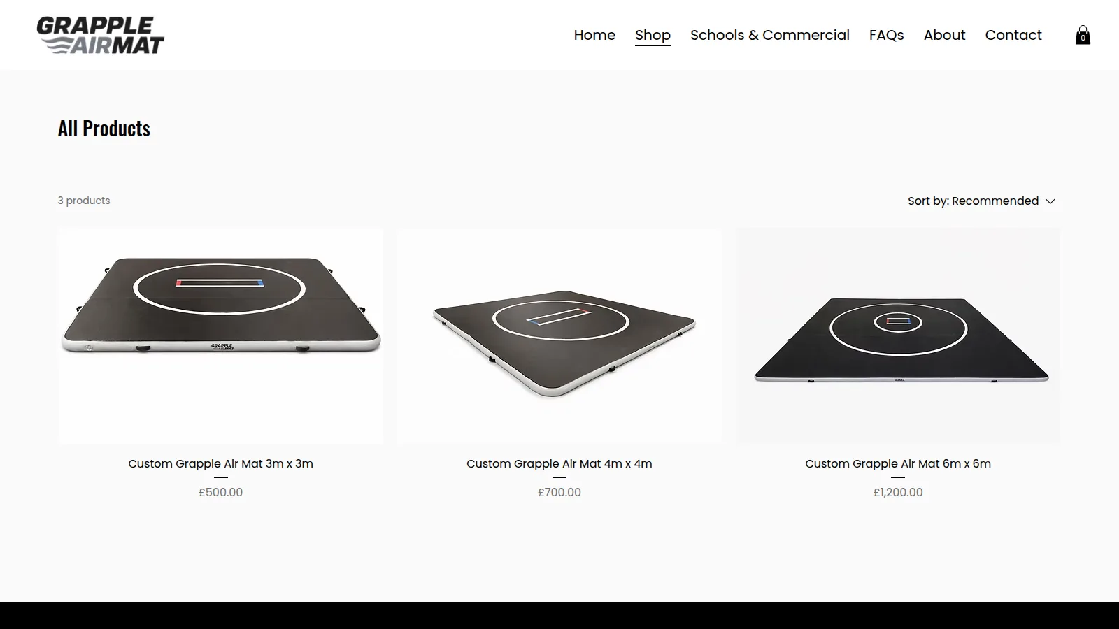 The shop, with the three mat sizes, on the Grapple Air Mat website designed and built by WebOws Design