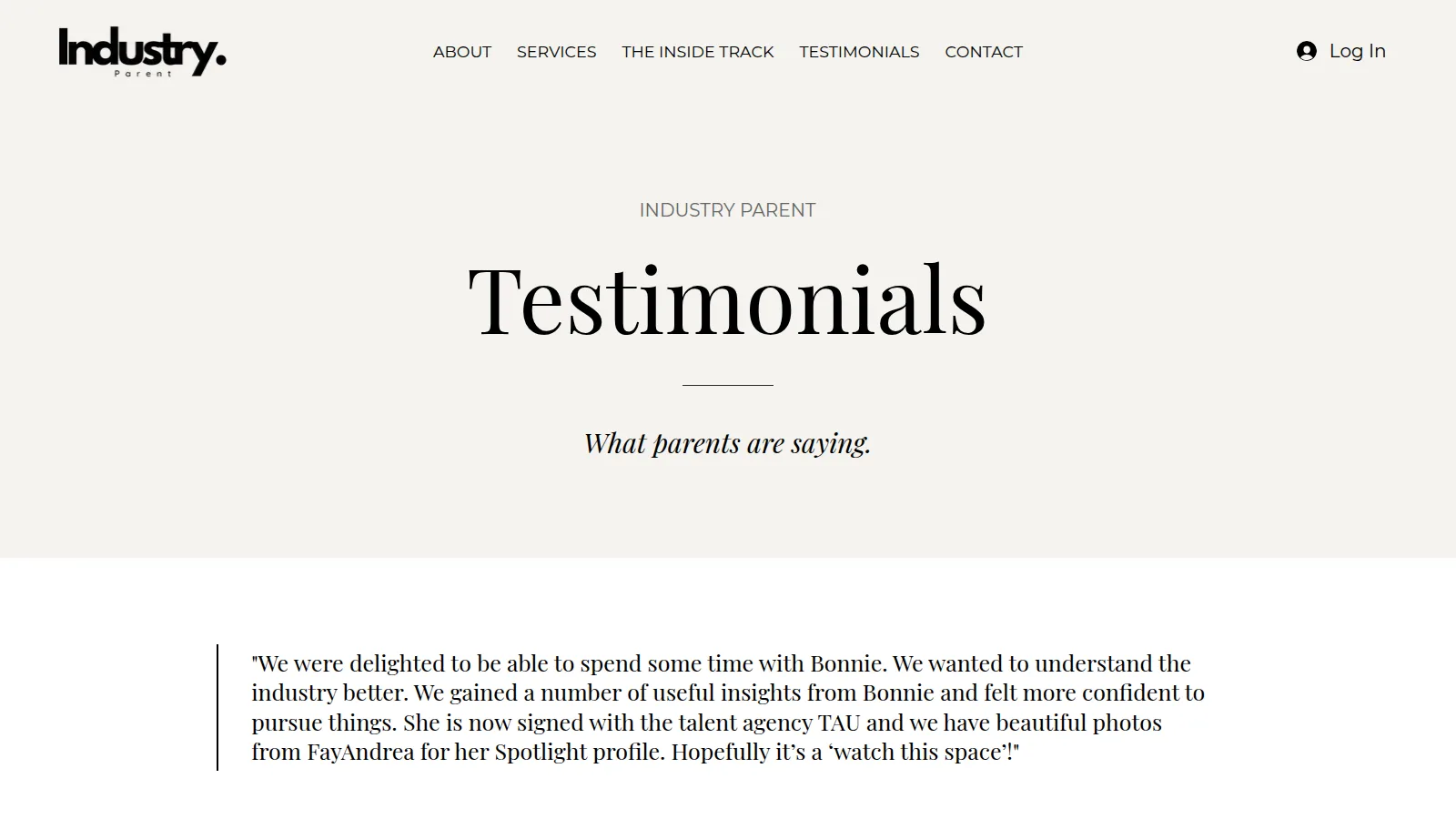 The Testimonials page, on the Industry Parent website designed and built by WebOws Design