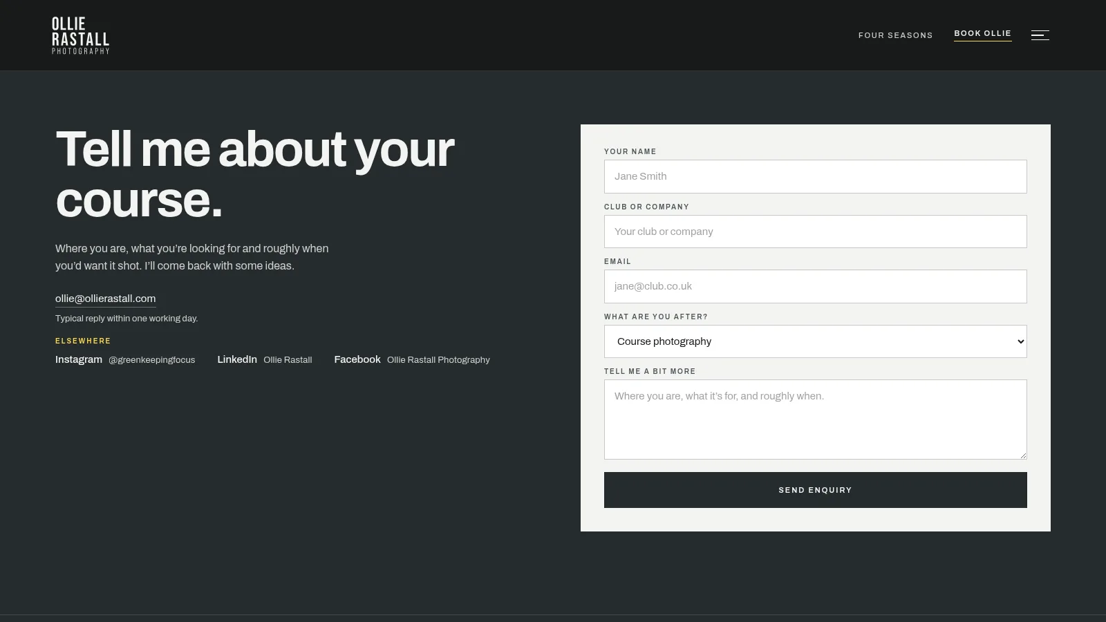 The Contact page and enquiry form, on the Ollie Rastall Photography website designed and built by WebOws Design
