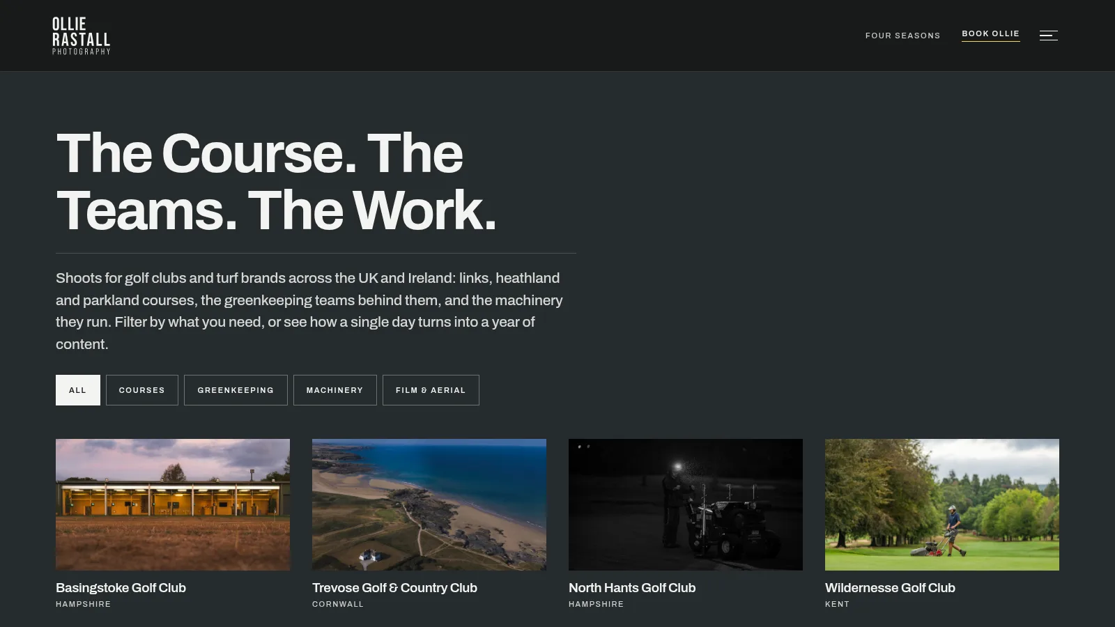 The Work page, filtered by courses, greenkeeping, machinery, and film and aerial, on the Ollie Rastall Photography website designed and built by WebOws Design
