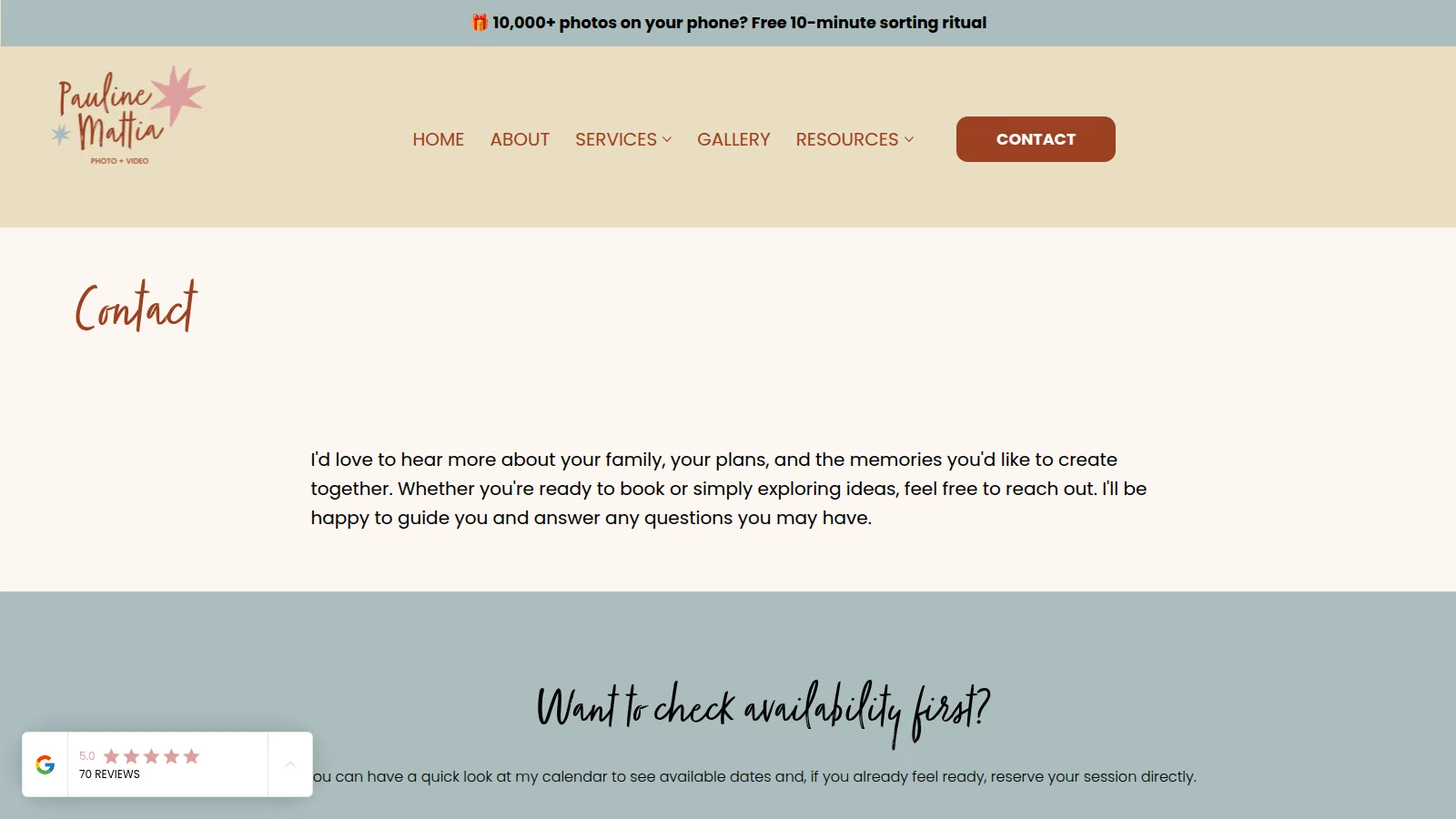 The Contact page, on the Pauline Mattia Photography website designed and built by WebOws Design