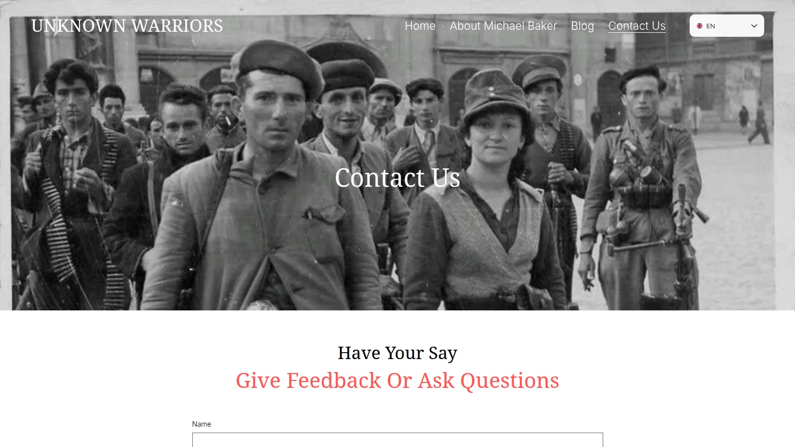 The Contact page, on the Unknown Warriors website designed and built by WebOws Design