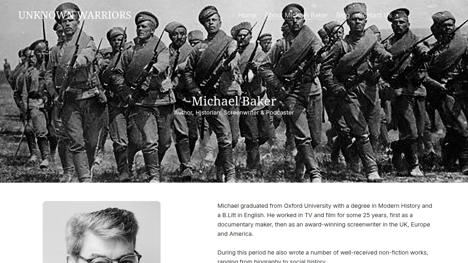 The presenter page, About Michael Baker, on the Unknown Warriors website designed and built by WebOws Design