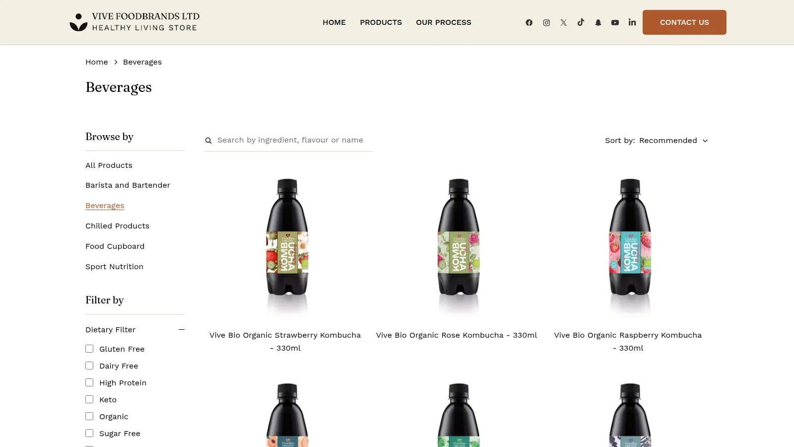 A category page: Beverages, on the Vive Foodbrands website designed and built by WebOws Design
