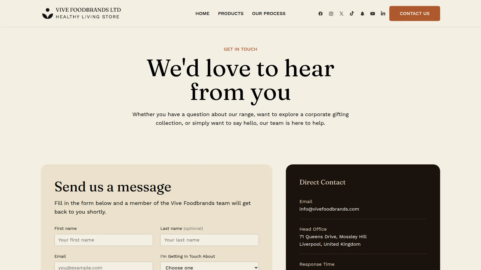 The Contact page, on the Vive Foodbrands website designed and built by WebOws Design
