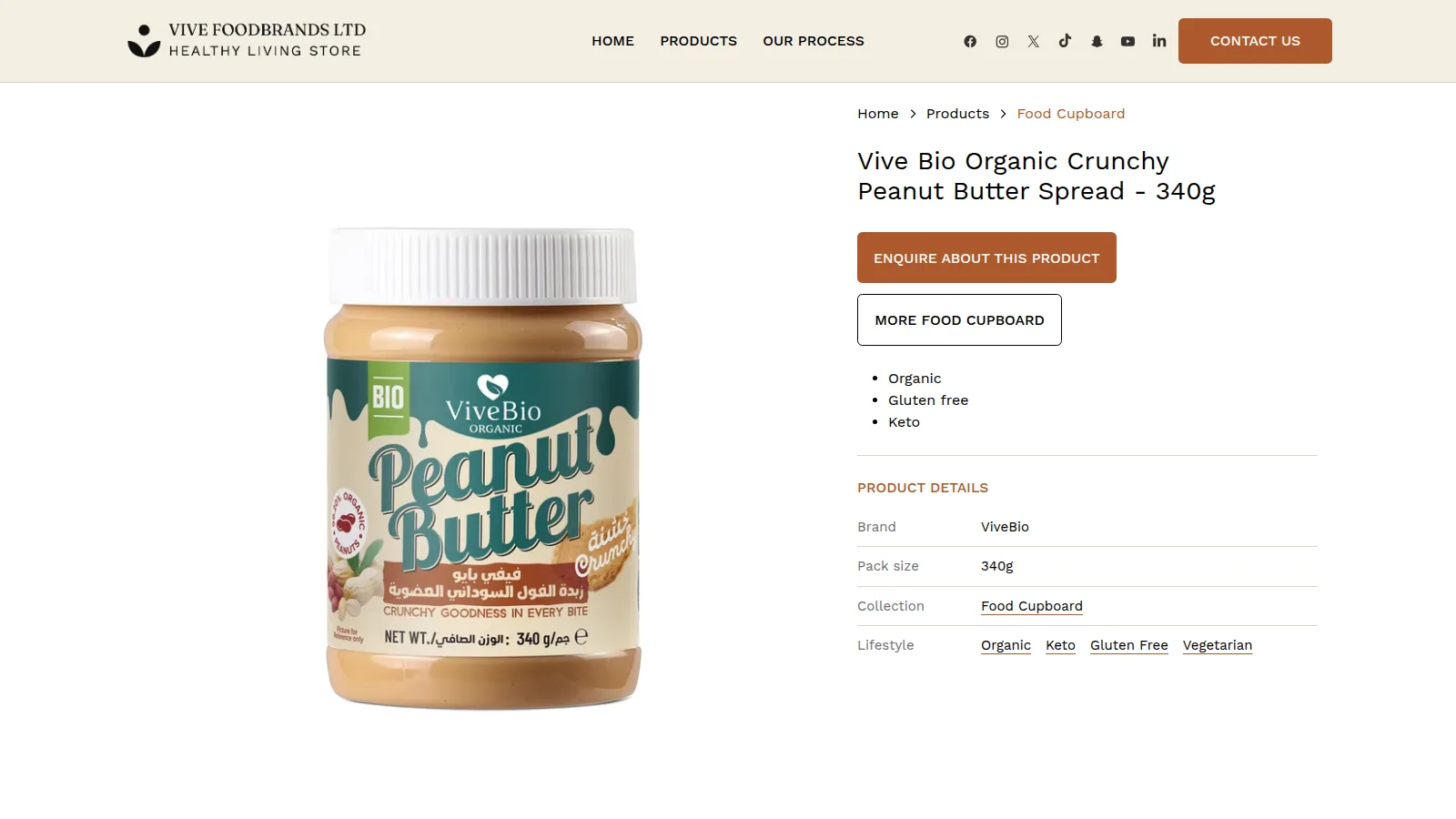 A product page: Vive Bio Organic Crunchy Peanut Butter, on the Vive Foodbrands website designed and built by WebOws Design