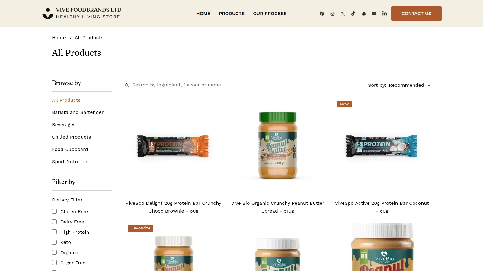 All Products, with the category list and dietary filters, on the Vive Foodbrands website designed and built by WebOws Design
